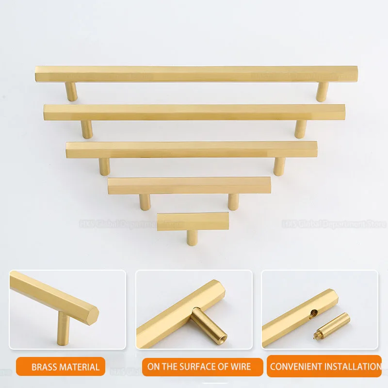 gold solid brass hexagon knob t bar copper cabinet handles pull for kitchen room longer dresser handles for furniture hardware free global shipping