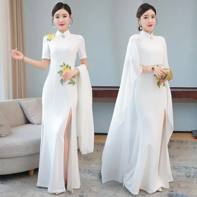 

Chinese Traditional Elegant Cheongsam Dress Improved Qipao Slit Catwalk Costume Long Banquet Etiquette Slim Dresses Party Gown