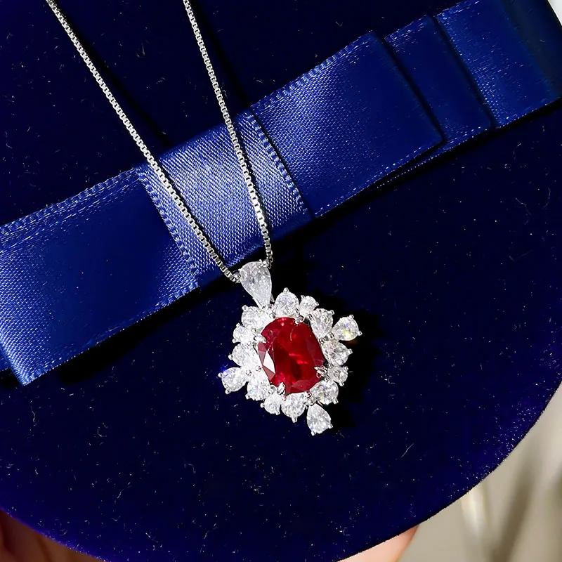 

New S925 Silver Necklace Pigeon Blood Ruby Pendant 8*10 Egg-shaped Encircle Inlaid Retro Wind Necklace