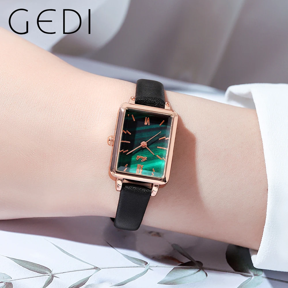 GEDI Rectangle Sakura Pink Women Watches Luxury Waterproof Ultra-thin Ladies Clock Leather Strap Fashion Quartz Wristwatches New