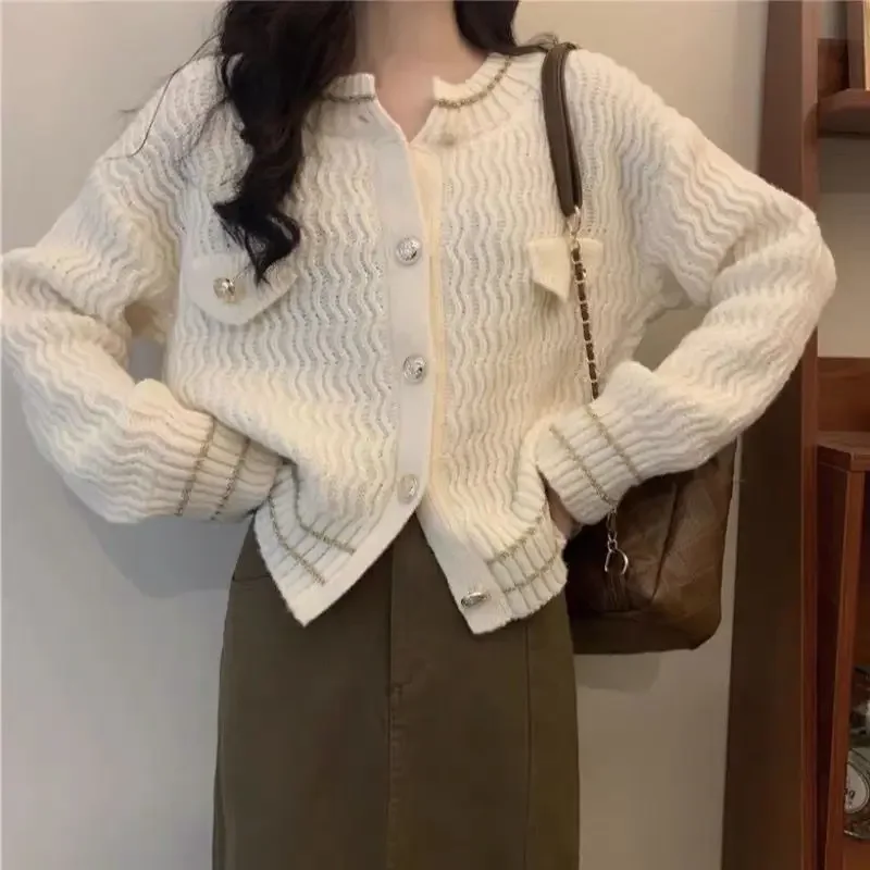 Элегантный твидовый стильный женский свитер осенний свободный вязаный кардиган