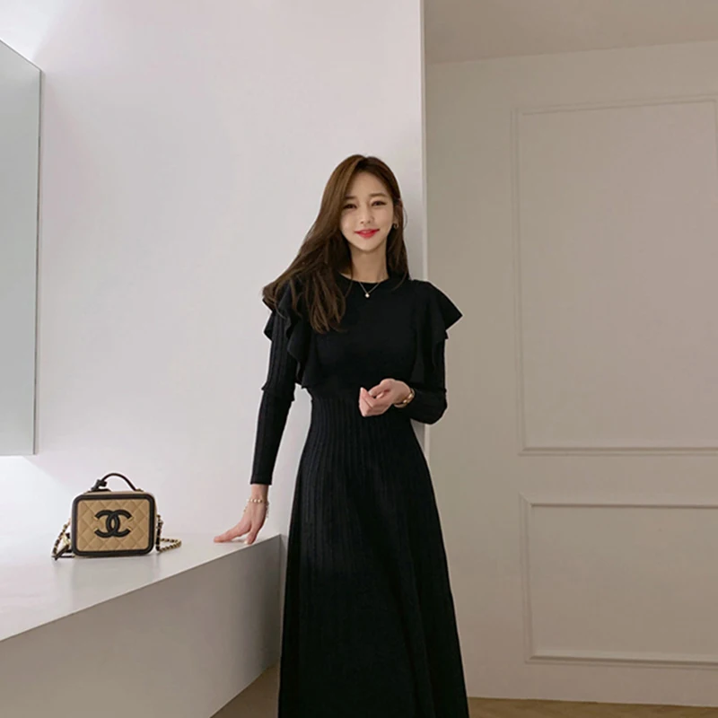 

2022 Winter Sweater Dresses Vestidos AutumnVintage Elegant O-Neck Female Thicken Knit Long Full Sleeve Ruffles Women