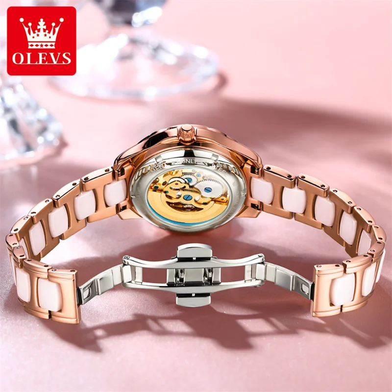 OLEVS Watch for Women Luxury Rose Gold Automatic Skeleton Mechanical Watches Ladies Ceramic Dress Diamond Waterproof Wristwatch enlarge