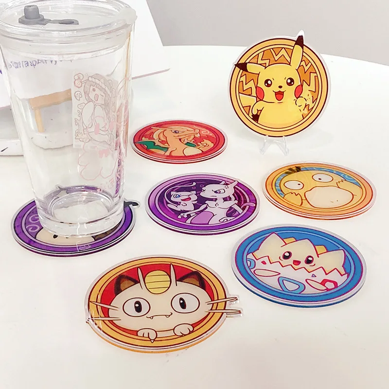 

Pokemon Pikachu Charizard Psyduck Acrylic Coaster Cute Kawaii Cartoon Heat Insulation Pad Creative Round Table Mat Child's Gift