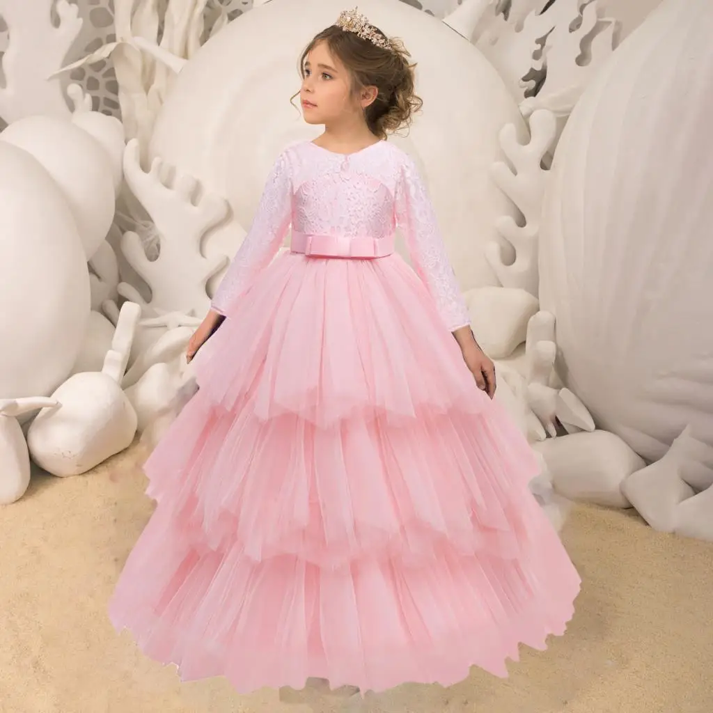 

Autumn White Bridesmaid Girls Dress Formal Lace Long Sleeve Wedding Party Princess Dress Pageant Gown Children Clothes Costume