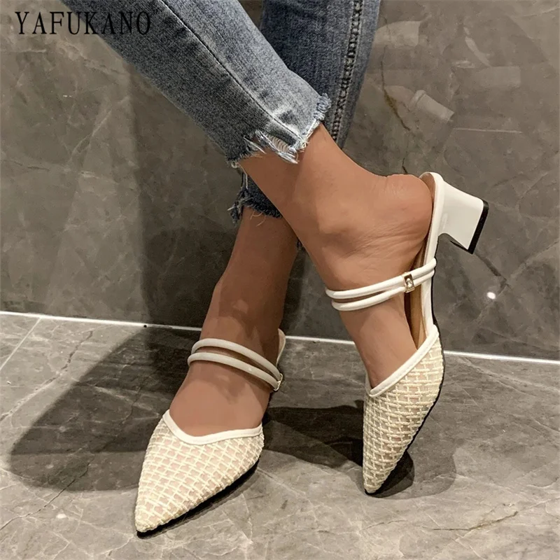 

Fashion Point Toe Chunky Heeled Women Sandals Summer New Slippers Baotou Slides Slingback Pumps Mid Heel High Heels