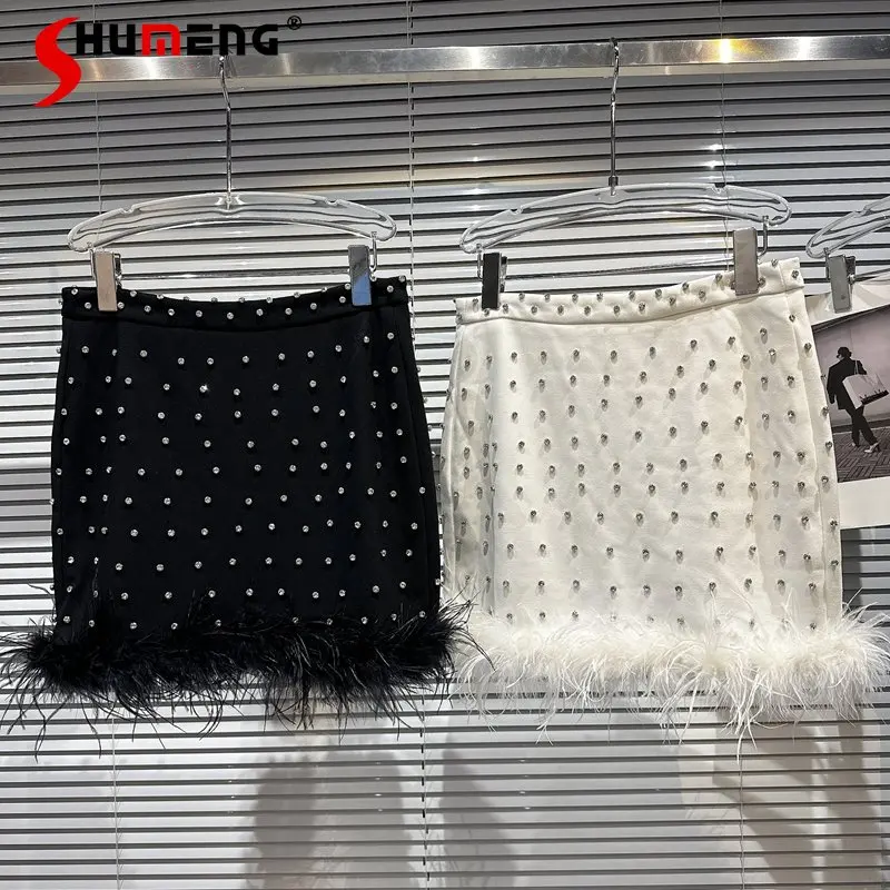

2023 Spring Summer New Elegant Burr Rhinestone Beaded Hip Skirt Women's Fashion Trendy Chic Solid Color Above Knee Skirt