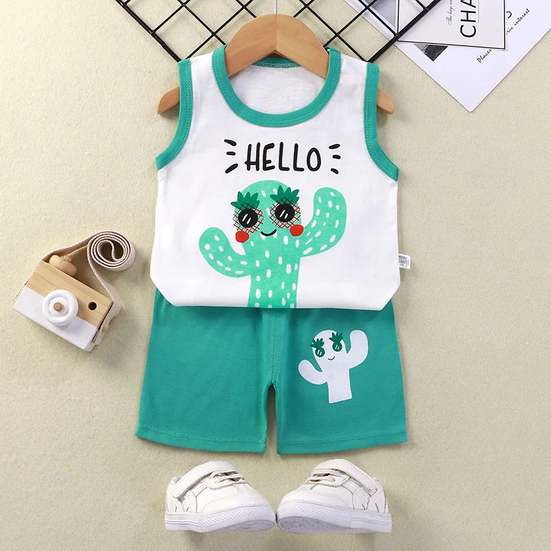 

2022 Summer Children's Vest Set Pure Cotton Baby Sleeveless Vest 2-piece Clothes Kids Clothing Set Baby Toddler Clothing
