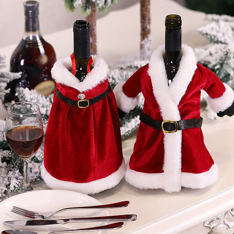 

Creative Christmas New Year Wine Bottle Set Golden Velvet Dress Wine Bottle Cover Wine Bottle Bag Sleeve Xmas Dinner Table Decor