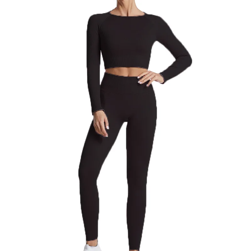 Threaded quick-drying yoga suit suit solid color bottoming long fitness suit Europe and the United States tight sports pants