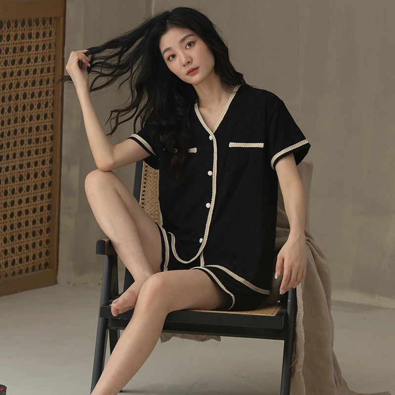 

Summer Pajamas Sweet Homewear Short sleeves-Shorts Casual Home Set Cotton V-Neck