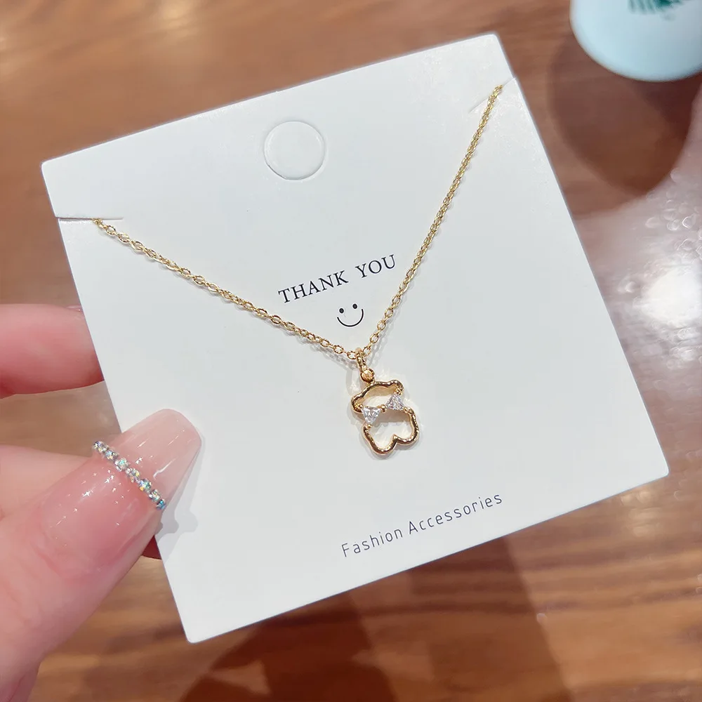 Bow Hollow Bear Zircon Bowknot Nimble Lucky Love Heart Mother's Day Pendant Necklace Woman Girl Wedding Blessing Jewelry