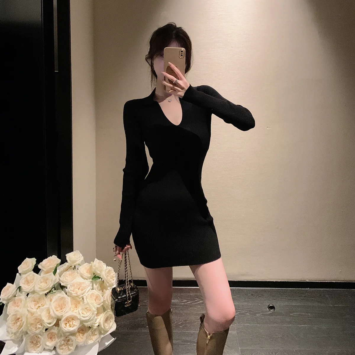 Winter Temperament Black V-Neck Wool Knitted Dress for Women Slim Fit and Slim Underlay Wrapped Hip Wool Dress