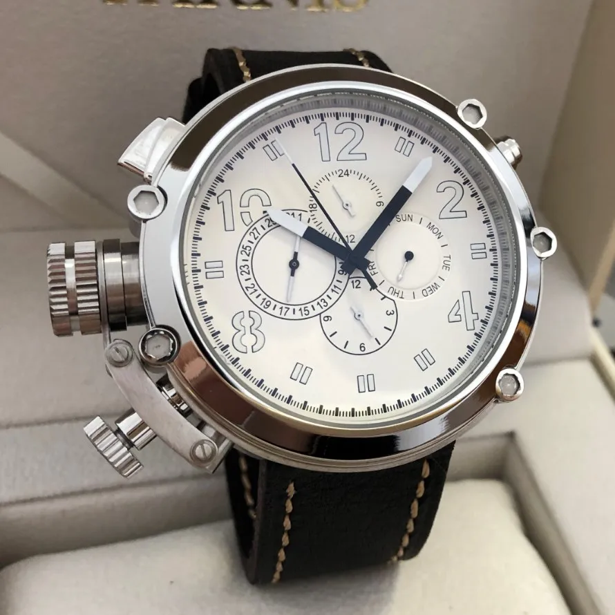 

50mm Parnis No Logo Silver- White Dial Backhand Design ST19 Automatic Self-Wind Movement Multi-Function Men's Watches GR211-22