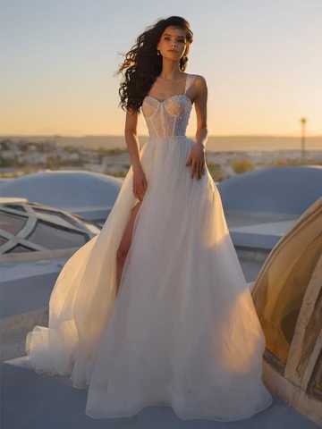 Женское фатиновое платье с лямками, роскошное свадебное платье с вырезом сердечком и жемчужинами