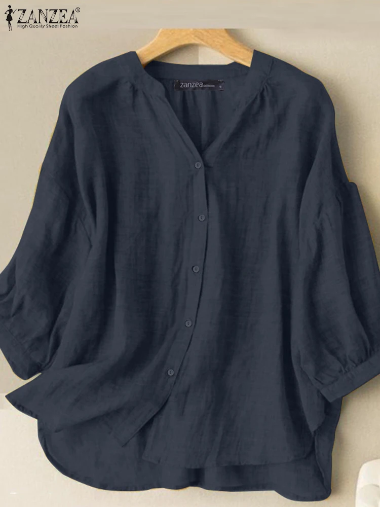 

Летняя женская рубашка ZANZEA, модная однотонная Свободная блузка, Повседневная Туника, топы, рабочие блузы с рукавом 3/4 и круглым вырезом, женс...