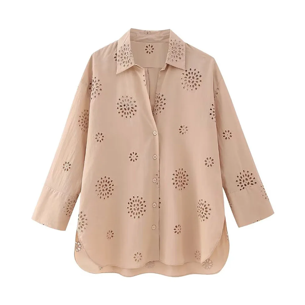 

Early autumn new fashion women's temperament casual retro all-match lapel long-sleeved hollow embroidery shirt