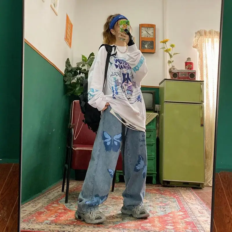 

Butterfly Print Harajuku Style Straight Jeans Spring and Autumn Mopping High Waist Retro Trend Baggy Trousers for Womens