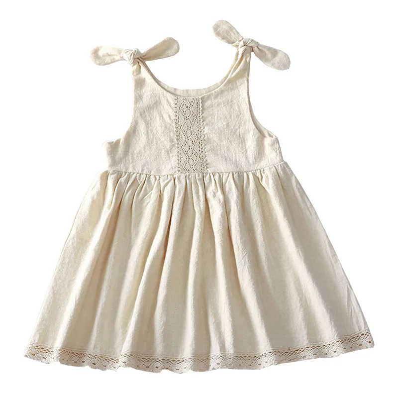 

White Lace Dress New Solid Color Dress Cotton Linen Lace Princess Dress Lace Up Children's Clothing Girls Dress Baby Clothing