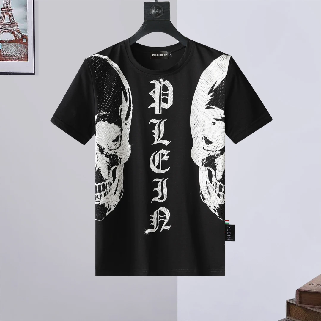 

T-SHIRT IN BLACK ROUND NECK SS SKULL AND PLEIN 100% Cotton T-shirts Men Print Tops Comfortable Tees Quality Tshirt 8578