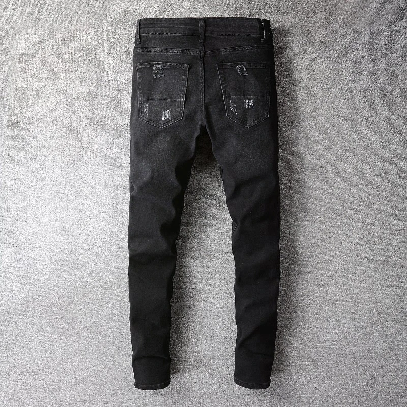 

Men's Bandanna Paisley Printed Patchwork Stretch Jeans Streetwear Black Denim Pencil Pants Slim Skinny Ripped Trousers