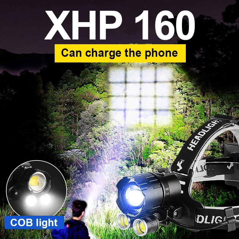 

160000 лм XHP160 светодиодный налобный фонарь высокой мощности 100000 лм налобный фонарь USB 18650 перезаряжаемый налобный фонарь XHP70 налобный фонарь