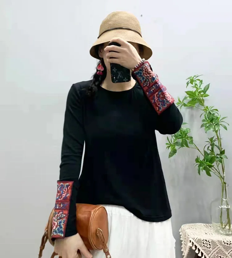 

Autumn Retro Ethnic Style Cuffs Heavy Work Embroidery Modal Women's Literary Loose All-match Round Neck Bottoming T-shirt