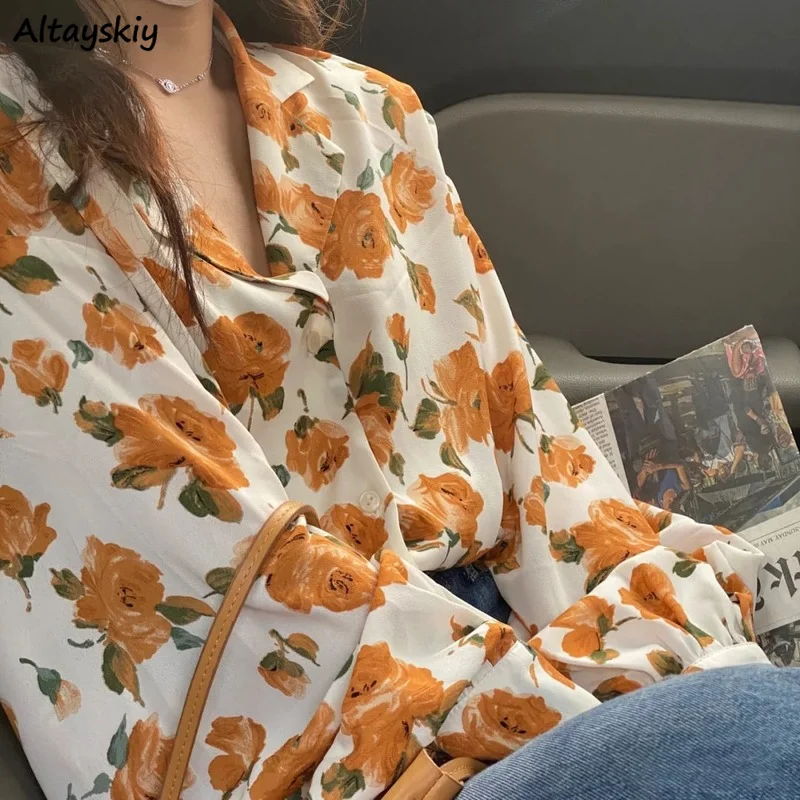 

Yellow Rose Print Shirts Women Tender Spring Long Sleeve Stylish Females Korean Style New Arrival Vintage Retro Leisure Mujer