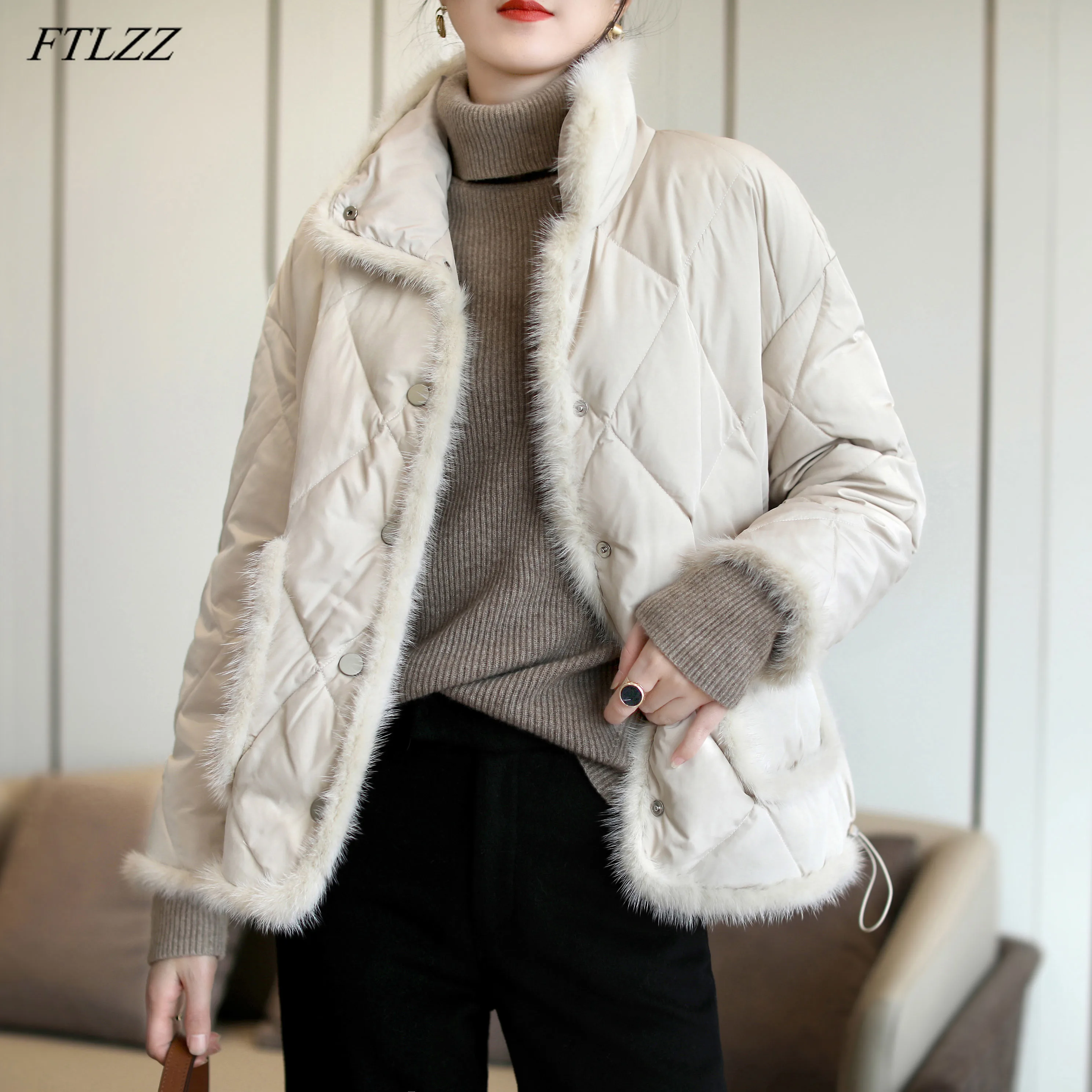 FTLZZ Winter Vintage Splicing Mink Hair Jacket Women White Duck Down Warm  Coat Loose Light Feather Parker Solid Color Outwear
