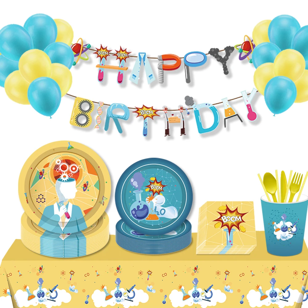 

Cosplay Scientist School Laboratory Science Birthday Party Disposable Tableware Sets Banner Backdrops Baby Shower Party Decors