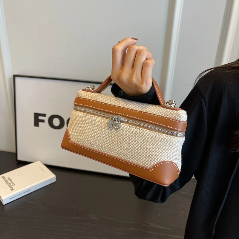 Portable Bucket Box Handbag Canvas Patchwork Fashion Crossbody Bags Ladies' Commuter Phone Storage Shoulder Bag Versatile Simple