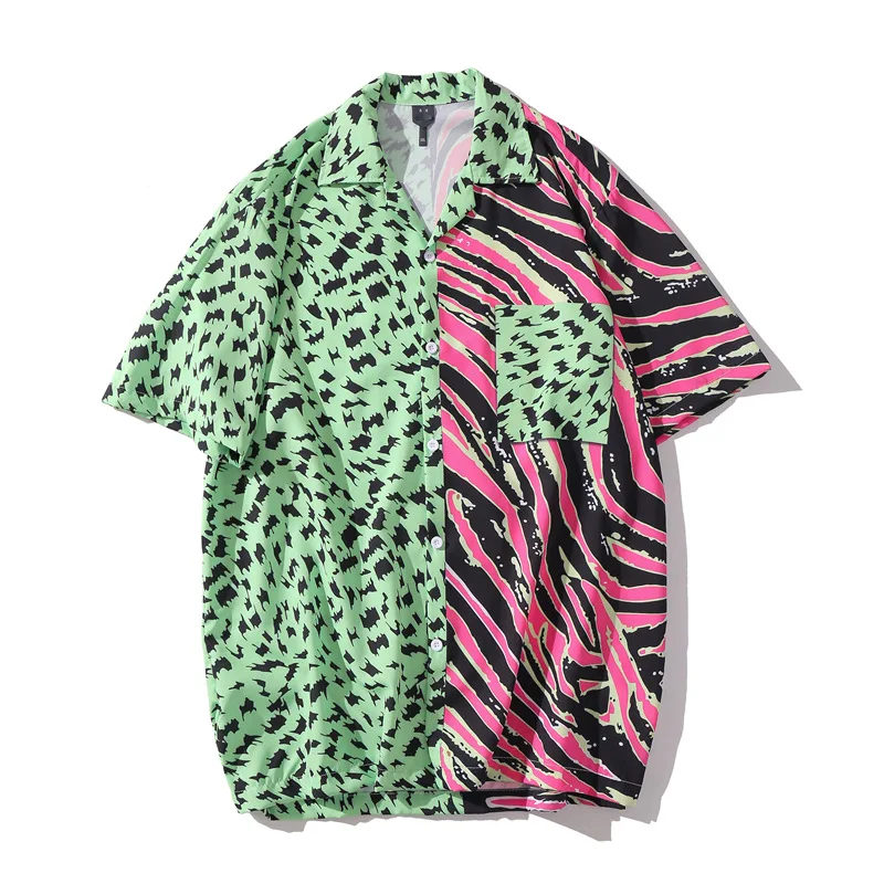

Zebra Stripes Leopard Dots Print Color Block Patchwork Pocket Short Sleeve Hawaiian Shirts Summer Casual Button Tops