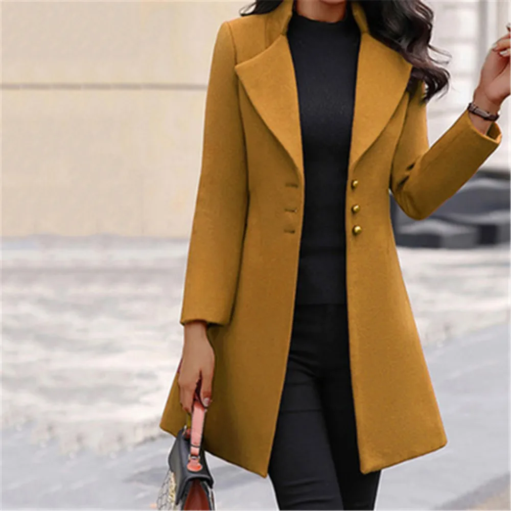 

Women's Long Sleeve Wool Coat Fashion Suit Collar Solid Color Long Jacket Jacket Autumn Fashion Long Korean Cardigan Jacket