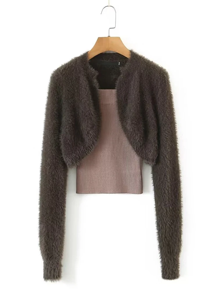 

YENKYE New Autumn Women Korea Style Vintage Shaggy Knit Crop Cardigan + Rib Tank Top Slim Corset 2pcs Sweater
