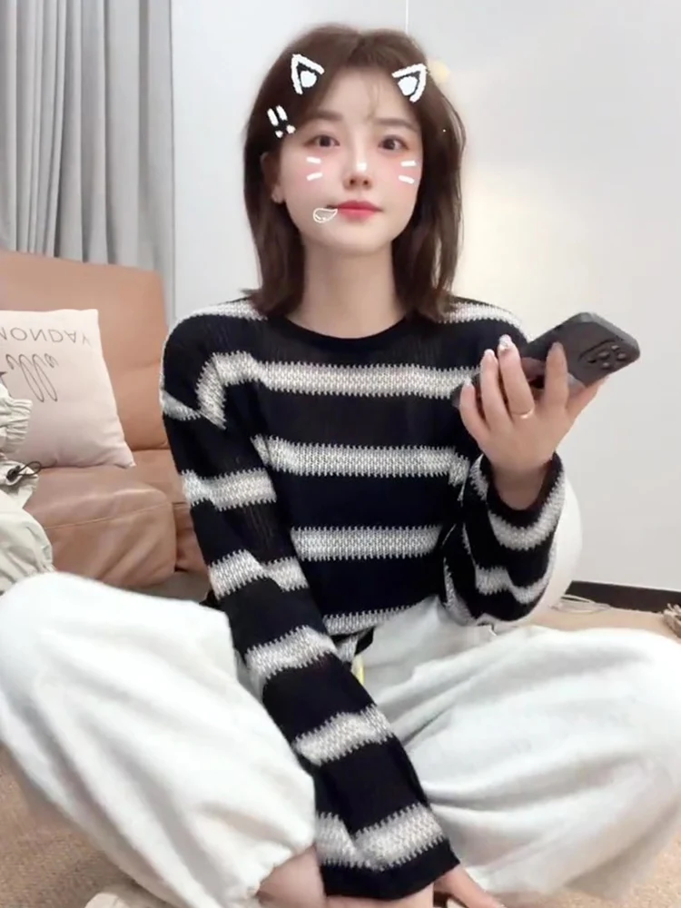 Ранняя осень тонкий вязаный топ в полоску с длинными рукавами женский