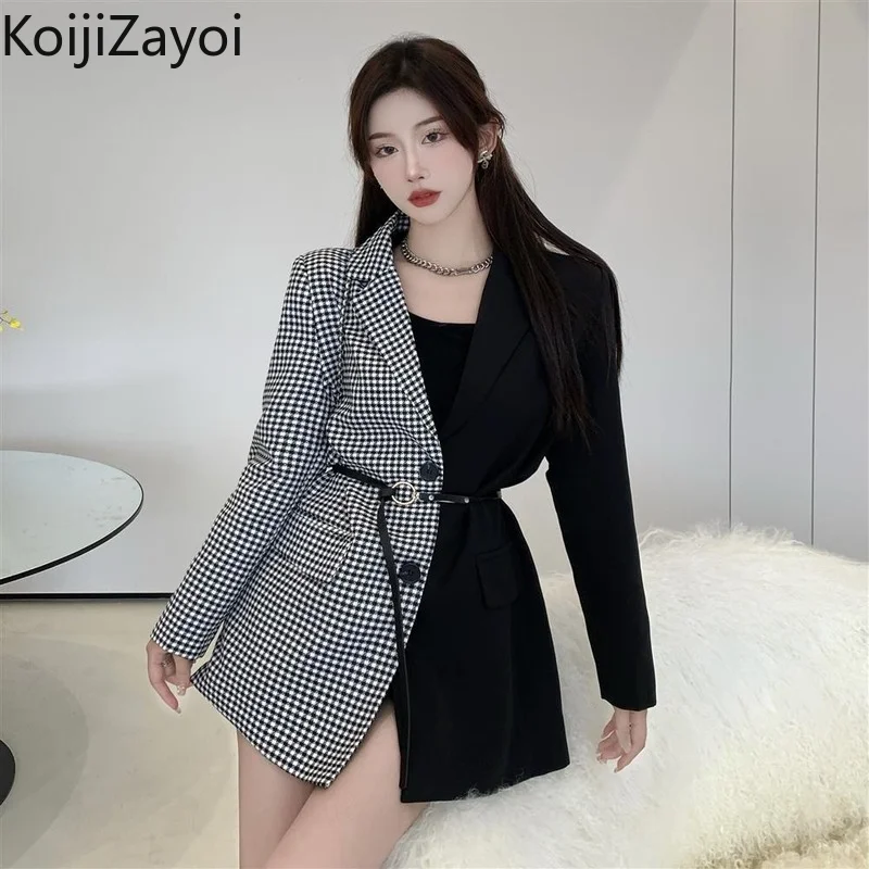 

Koijizayoi Patchwork Women Vintage Blazers Spring Autumn 2022 Slim Belted Long Coat Fashion Lady All Match Ropa Mujer Jacket