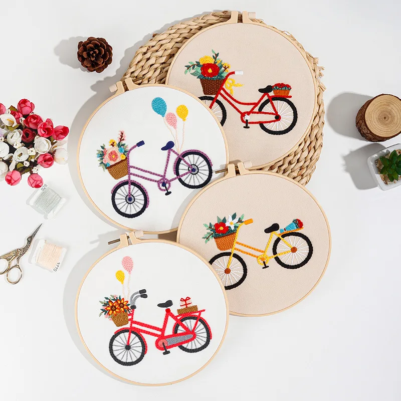 

Romantic Street Bike with Flowers Embroidery Kit DIY Needlework Needlecraft for Beginner Cross Stitch(Without Hoop)