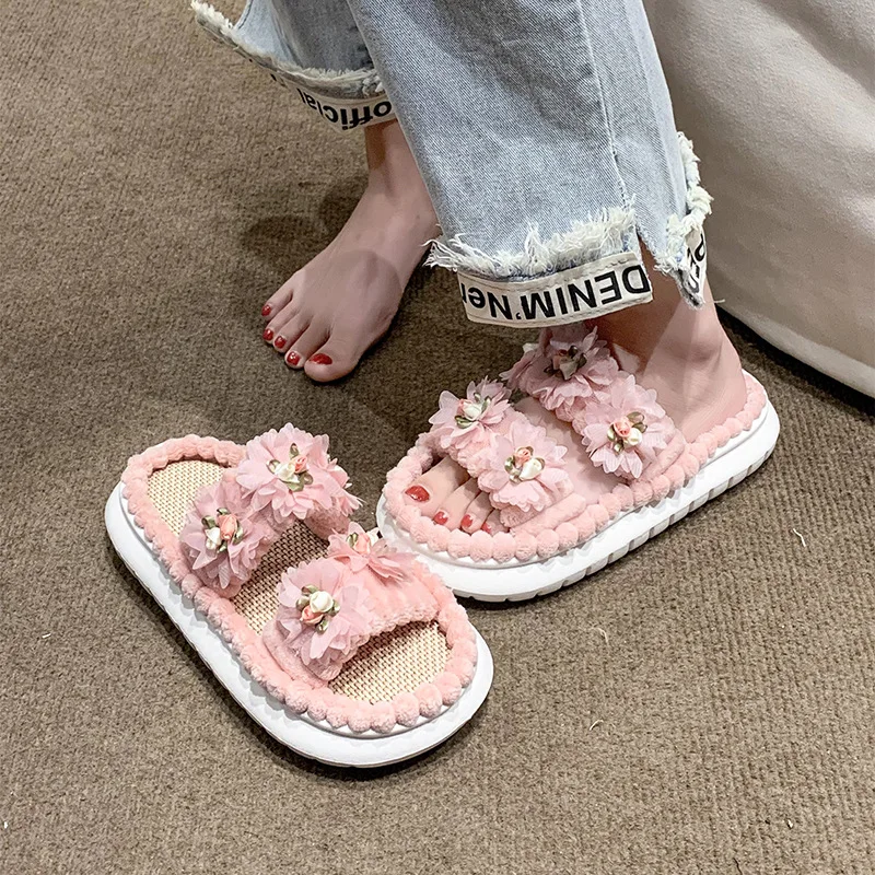 Women Thick-soled Flower Decor Sandals Summer Leisure Open Toe Sweet Lovely Outdoor Beach Slides Platform Soft Comfy Linen Shoes