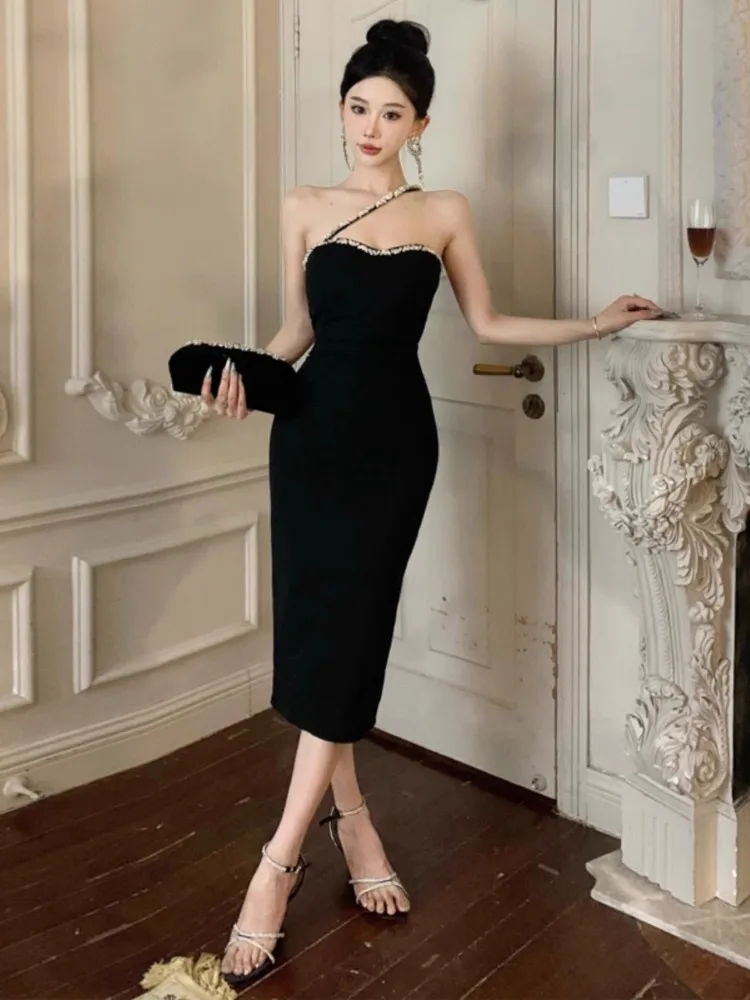 Ezgaga вечерние платья женские без рукавов со стразами тонкий французский стиль