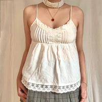 women summer fairy lace trim tank tops ruched solid color spaghetti strap sleeveless camisole 2022 beautiful streetwear clothes