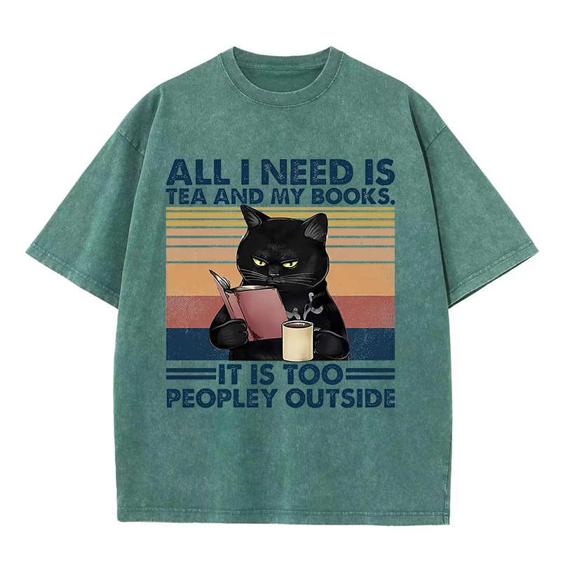 Все, что мне нужно, это чай и мои книги это слишком плей на улице черный кот, Мужская футболка, винтажные хлопковые футболки с круглым вырезом, футболка оверсайз
