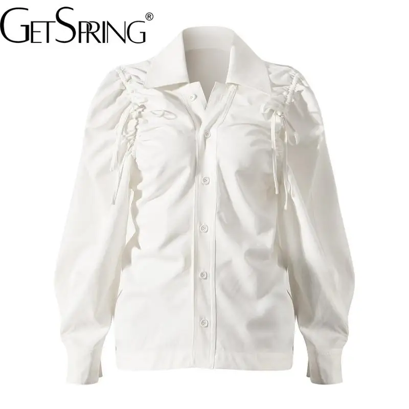 

GetSpring женская блузка 2022 Ранняя весна шикарная белая рубашка модные женские топы на шнуровке с пышными рукавами Универсальные Высокое качес...