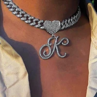 2022 new iced out cursive letter heart crystal choker necklace for women bling initial cuban link chain necklace hip hop jewelry