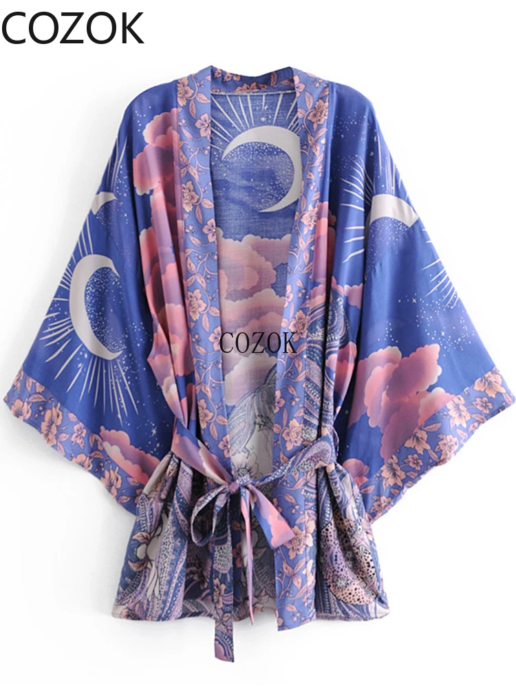 

Boho Vintage Star and Moon Floral Print Sashes Women Bohemian V Neck Batwing Sleeves Happie Short Robe Kimono Dress Cover-ups