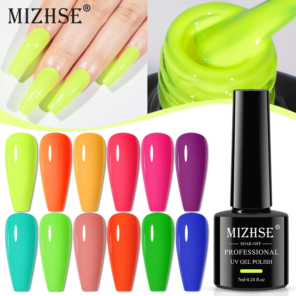 

Неоновый Цветной Гель-лак для ногтей MIZHSE, 7 мл, ярко-розовый, флуоресцентный, зеленый, желтый цвет, дневной Гель-лак для УФ-лампы