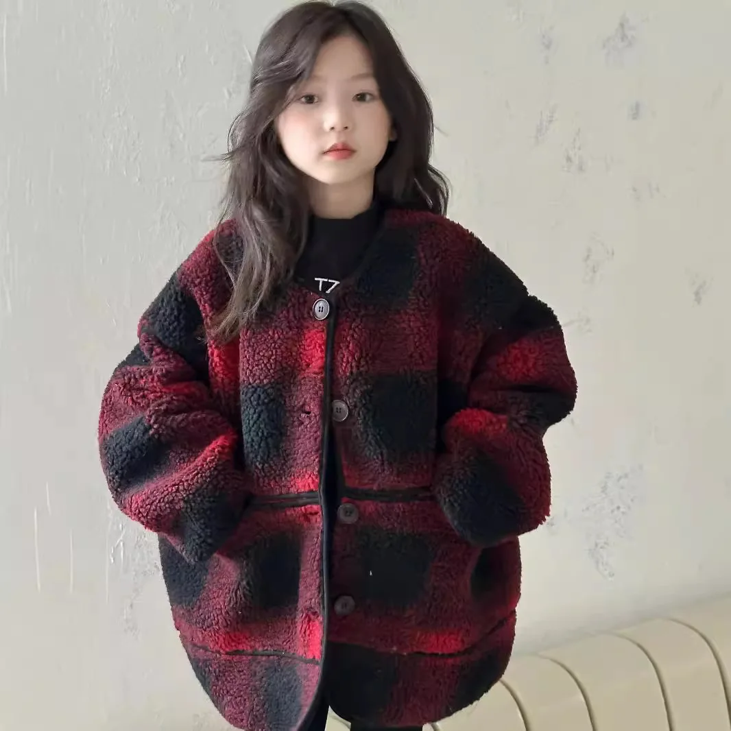 Зимняя красная клетчатая верхняя одежда для маленьких девочек пальто из