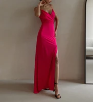 dresses for women 2022 summer spaghetti strap red long skirt v neck sexy high slit tight stretch silk face elegant prom dress