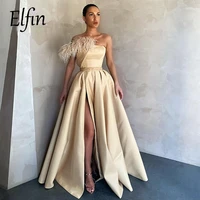 elfin high side split satin prom dresses long pleats evening gowns pockets feather formal women dress evening party wear