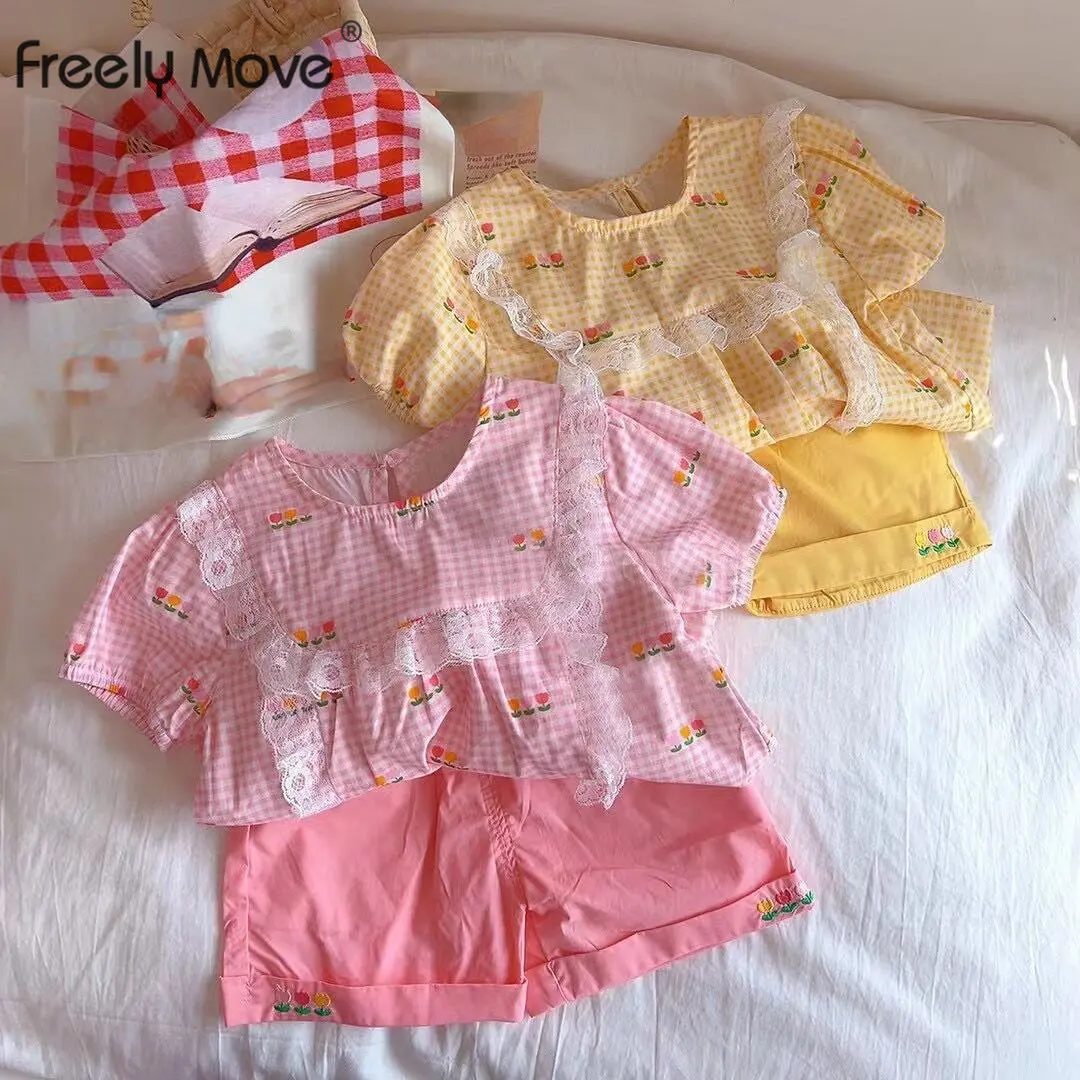 

2PCS Baby Girls Clothing Sets Summer Floral Embroidery Kids Girls Clothes Shirts+shorts Outfits Children Casual Suits