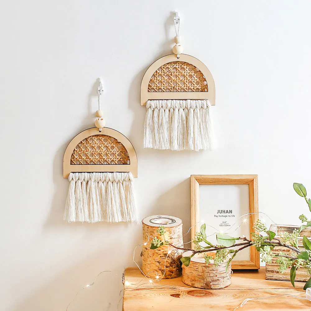 

Macrame Wall Hanging Tapestry Mini Rattan Wood Tassels Wall Decor Ramadan Decoration Farmhouse Boho Home Decor Gift for Bedroom